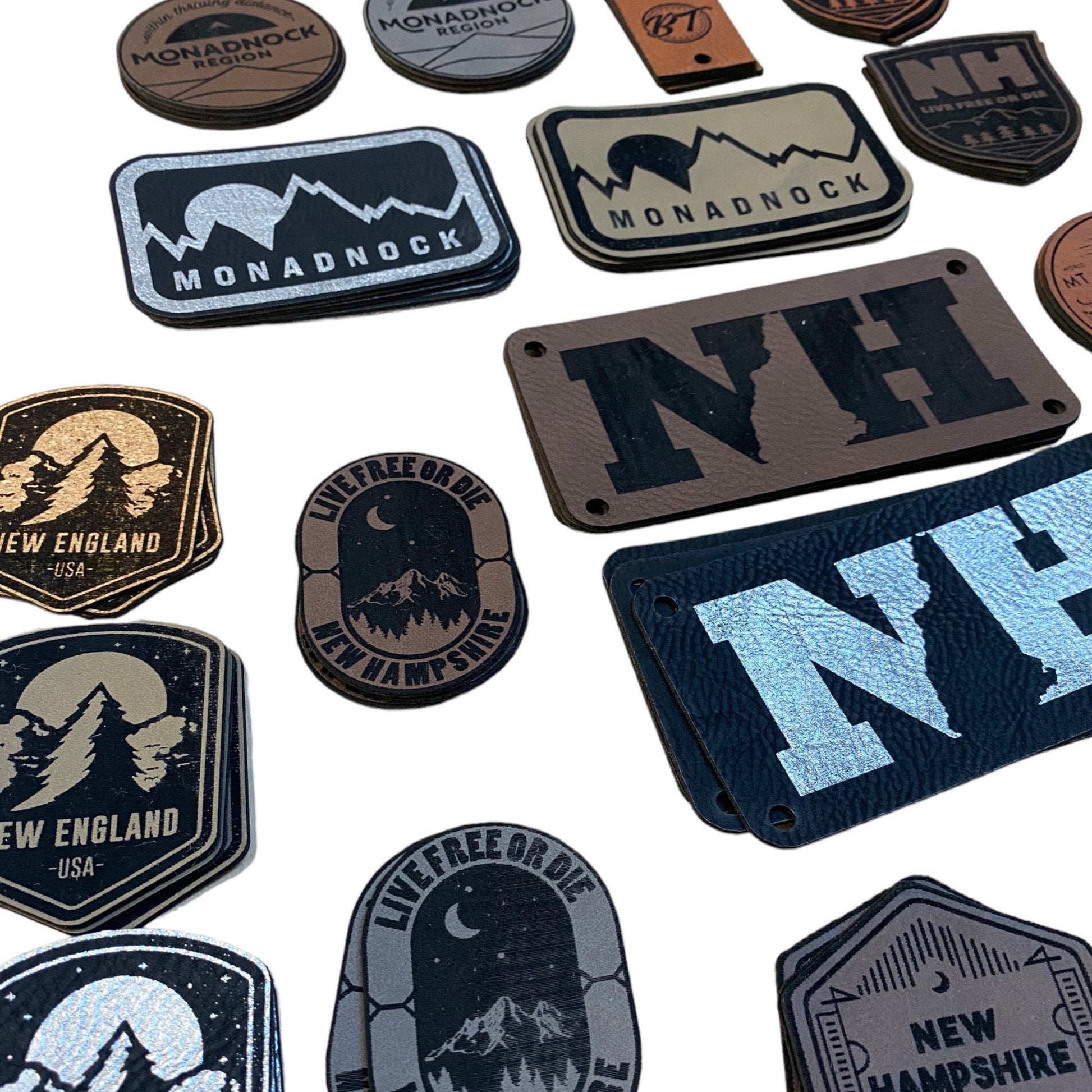 Custom Leatherette Patch No Minimums Bulk Rates heat seal option for personalized hats jackets beanies business logo family bachelorette