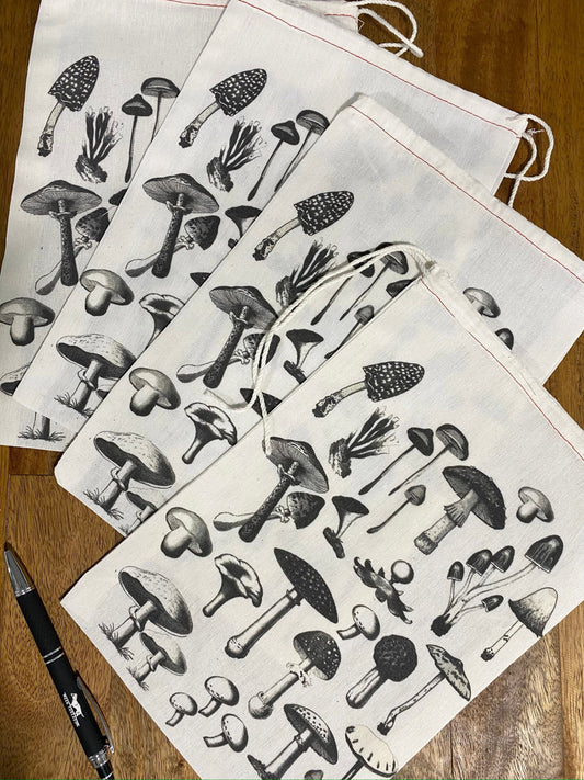 SET of FUNGI Gift Bags 8x12" - Mushrooms Collection Printed Drawstring Reusable Cotton muslin Bag birthday holiday gift sack