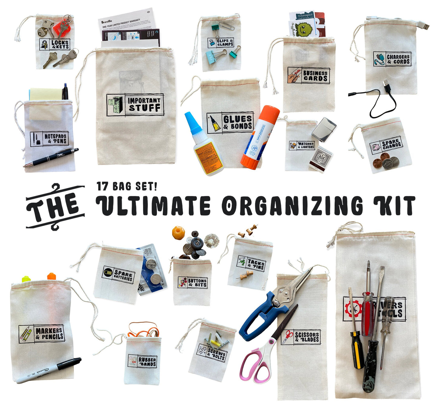 Set of 17 BAGS - Organize clear clutter organizer junk drawer muslin labeled muslin drawstring sturdy bags pouches