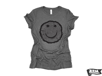 Womens Woodgrain Smiley Face relaxed jersey boyfriend are tee T-shirt Zen Threads + Bella Canvas 6400 eco soft print nature lover