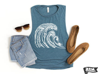 Womens WAVES Muscle Tank workout fitness tee ocean lover surf t-shirt surfer surfing California coast beach apparel wear top graphic coastal