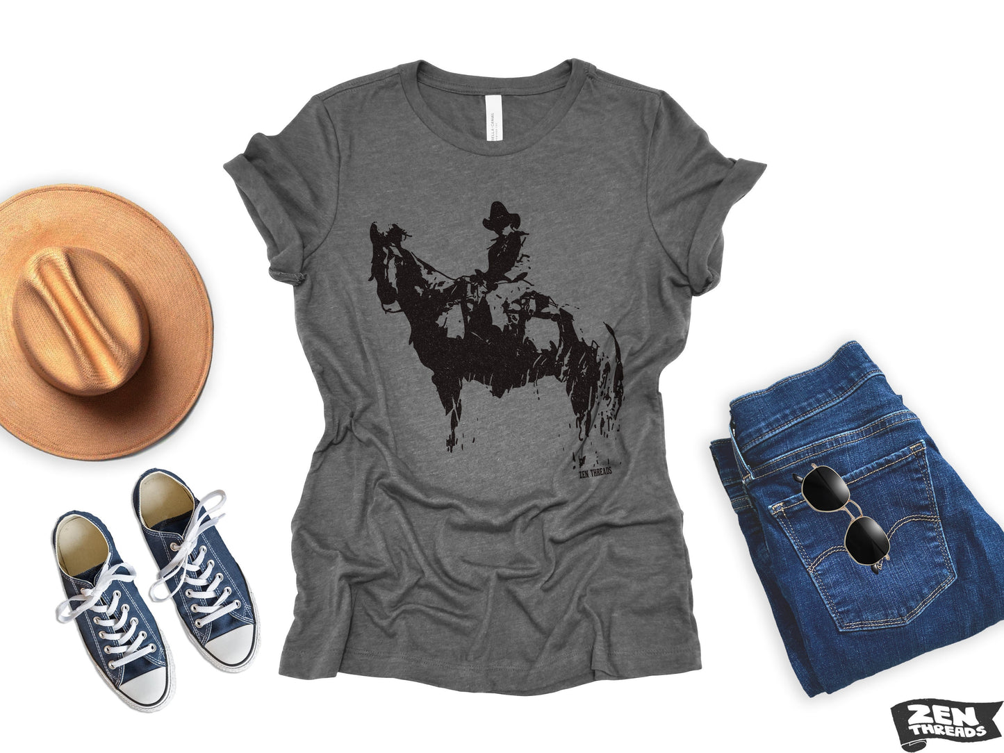 COWBOY and Horse Womens Boyfriend Tee relaxed T-shirt Zen Threads Bella Canvas Texas wrangler nature texas western wrangler gift cowgirl top