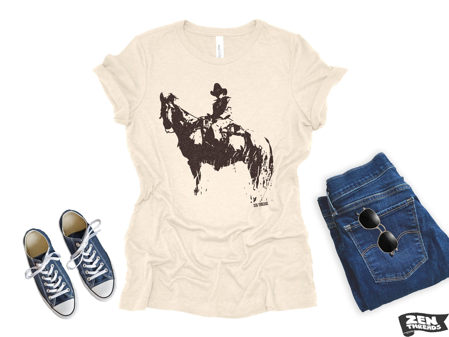 COWBOY and Horse Womens Boyfriend Tee relaxed T-shirt Zen Threads Bella Canvas Texas wrangler nature texas western wrangler gift cowgirl top