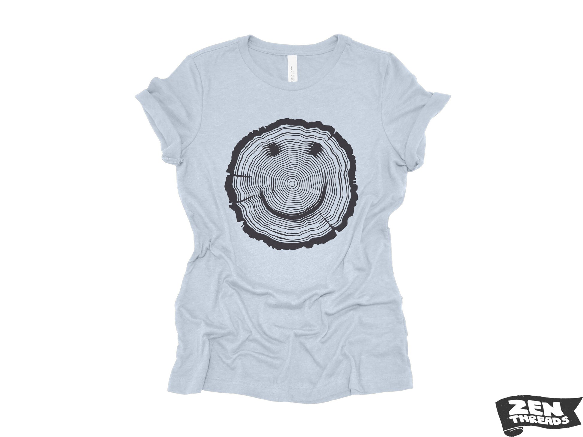Womens Woodgrain Smiley Face relaxed jersey boyfriend are tee T-shirt Zen Threads + Bella Canvas 6400 eco soft print nature lover