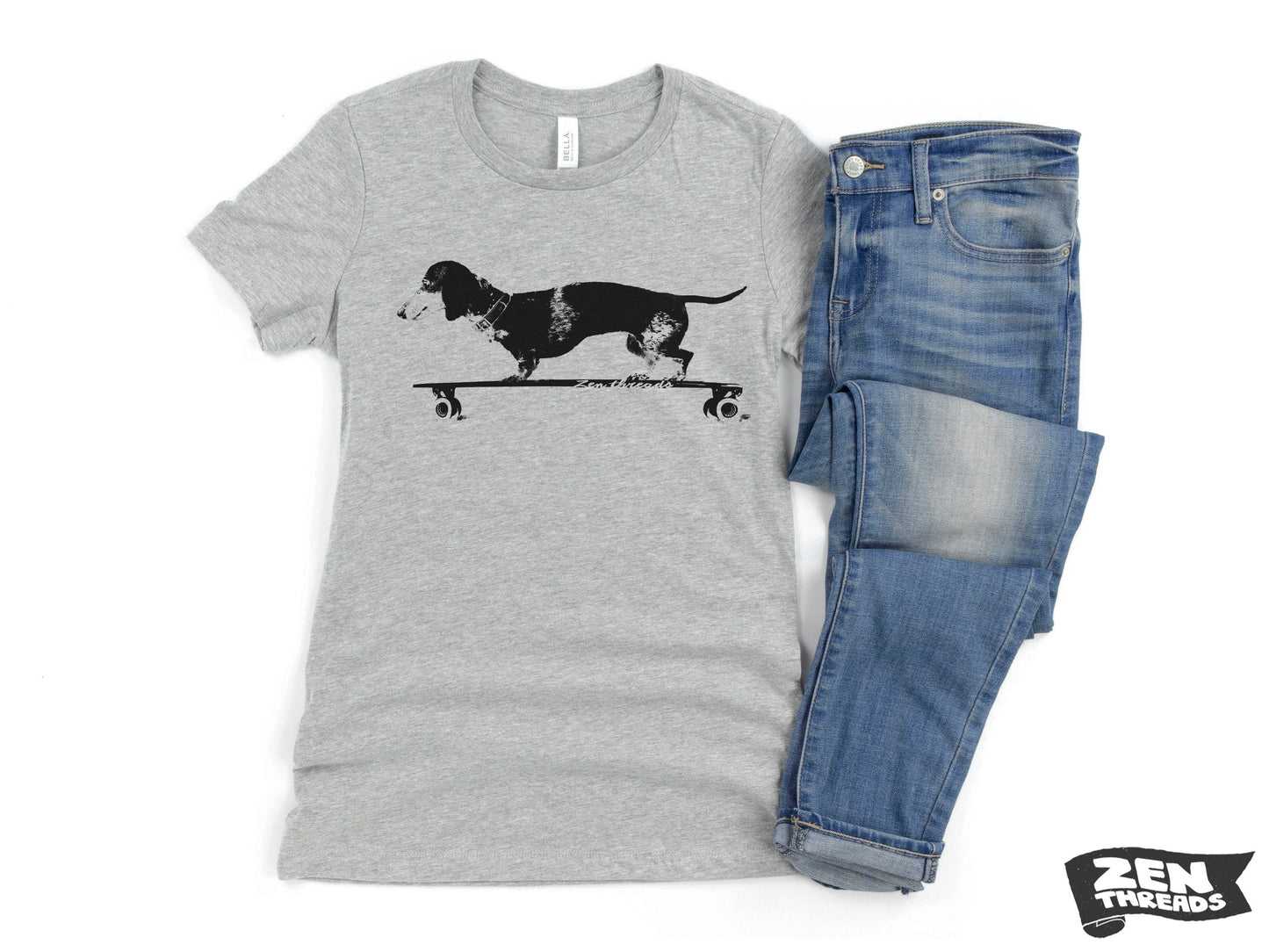 Womens Longboard DACHSHUND T Shirt eco soft printed (+ Colors Available) custom ladies relaxed crew tee doxie dog skating skateboard funny