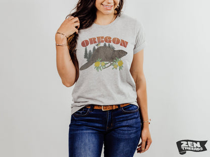 Unisex OREGON Beaver Vintage print Bella canvas jersey T-Shirt custom eco printed tee state pride Portland Bend OR muskrat badger west coast