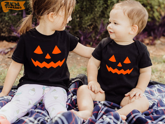 Jack O' Lantern Kids T-Shirt Bodysuit or Sweatshirt pumpkin carving halloween trick or treat youth toddler baby matching brother sister tee