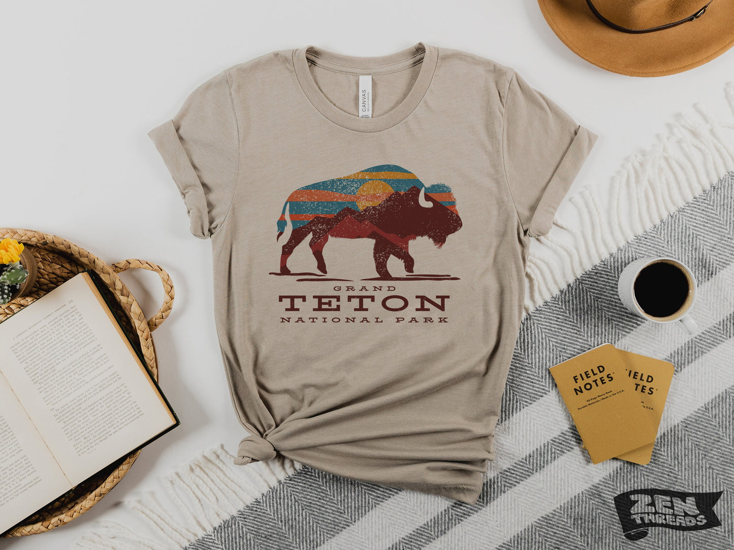 Unisex TETON Vintage print Bella canvas jersey T-Shirt custom eco printed tee national state parks Yellowstone Wyoming mountains bison camp