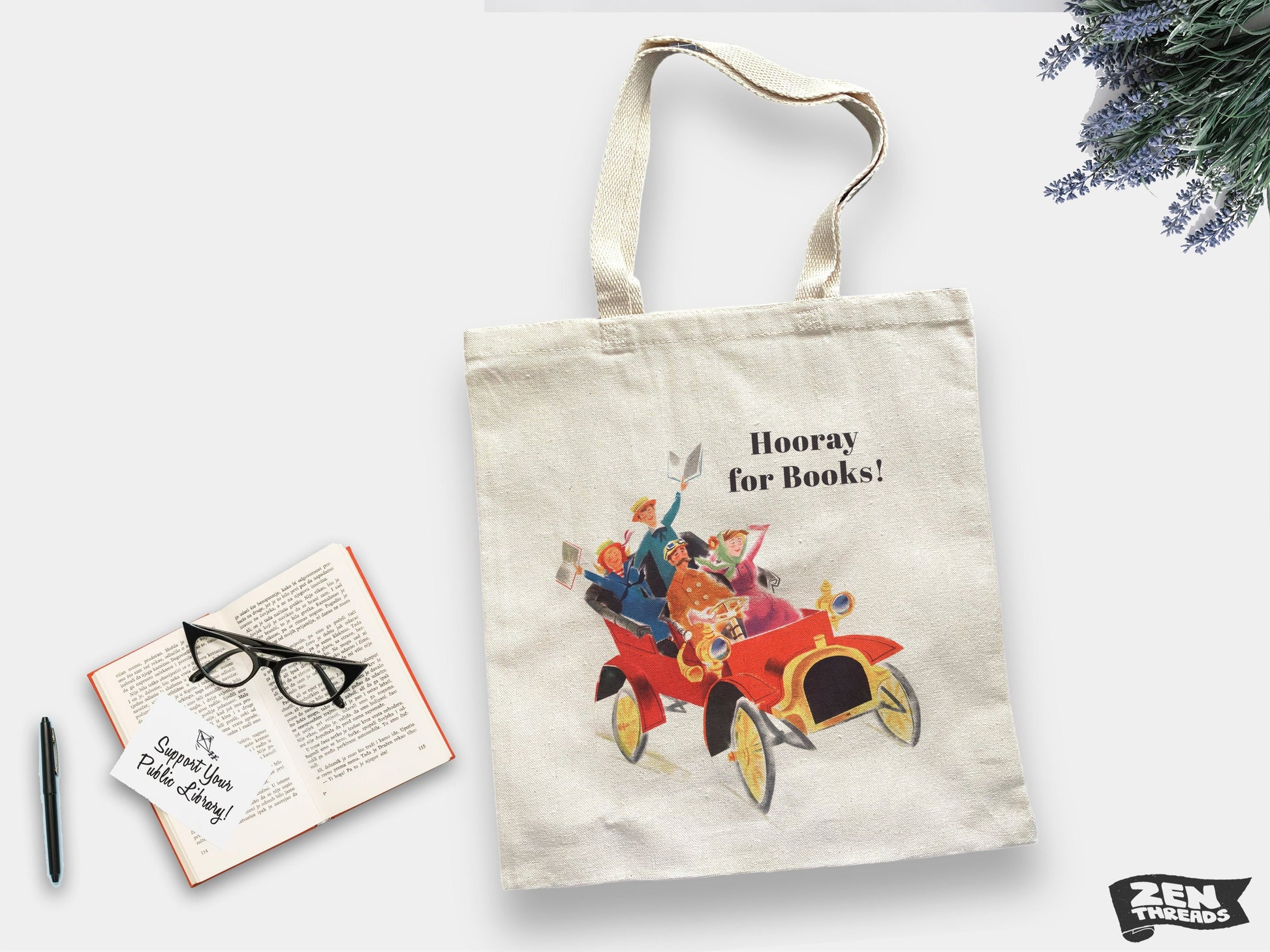 HOORAY FOR BOOKS Eco-Friendly Market Tote Bag eco printed library farmers market produce book shopping handle reading school teacher gift