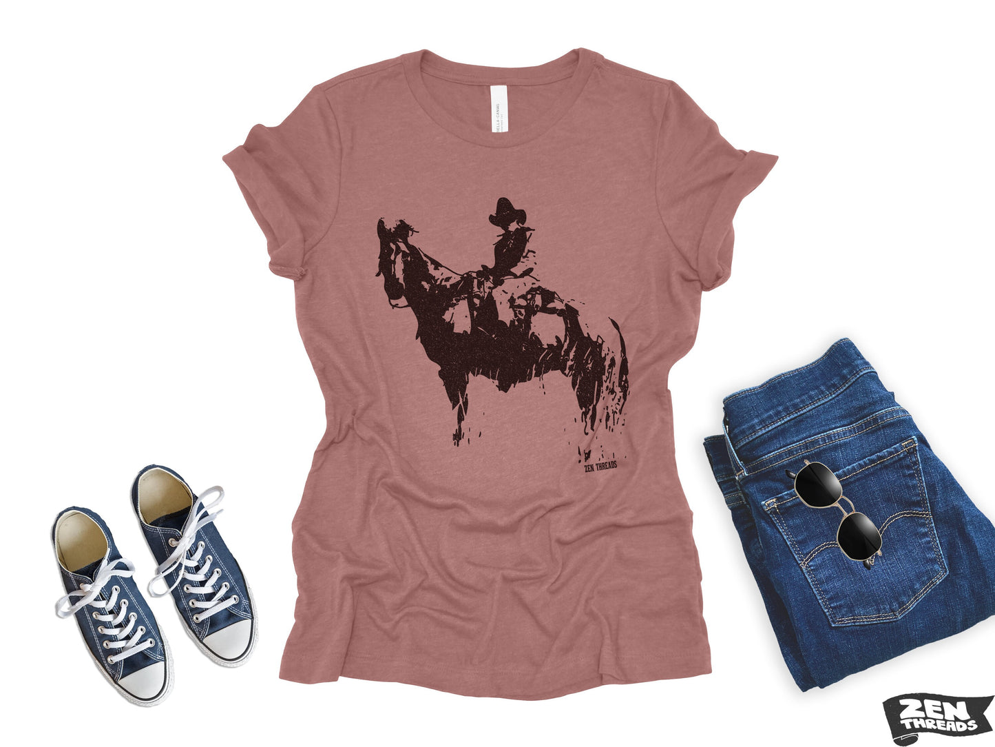 COWBOY and Horse Womens Boyfriend Tee relaxed T-shirt Zen Threads Bella Canvas Texas wrangler nature texas western wrangler gift cowgirl top