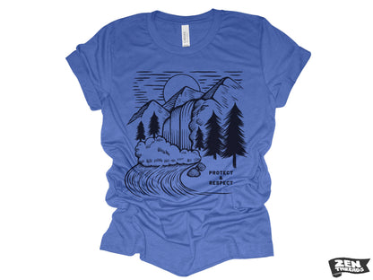 PROTECT & RESPECT Unisex mens women's T-Shirt custom color printed tee hiking camping travel national park forest landscape illustration