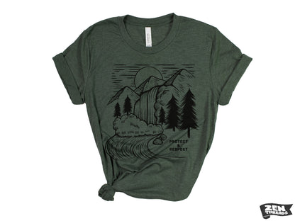 PROTECT & RESPECT Unisex mens women's T-Shirt custom color printed tee hiking camping travel national park forest landscape illustration