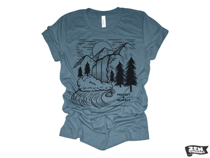 PROTECT & RESPECT Unisex mens women's T-Shirt custom color printed tee hiking camping travel national park forest landscape illustration