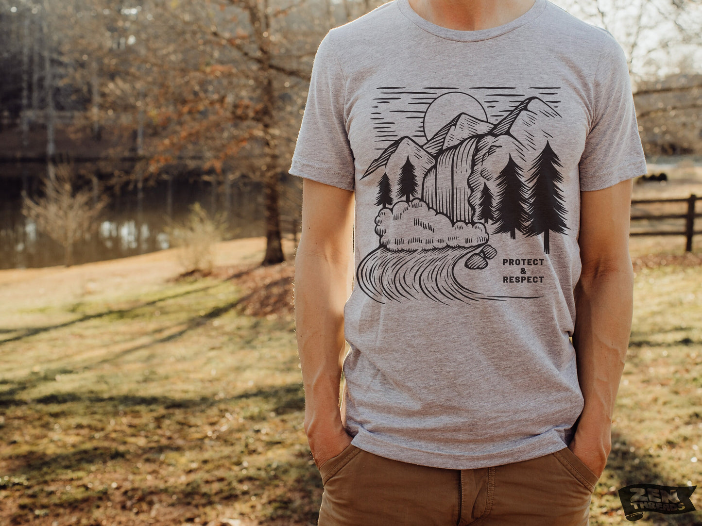 PROTECT & RESPECT Unisex mens women's T-Shirt custom color printed tee hiking camping travel national park forest landscape illustration