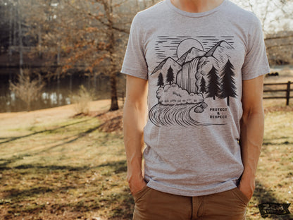 PROTECT & RESPECT Unisex mens women's T-Shirt custom color printed tee hiking camping travel national park forest landscape illustration