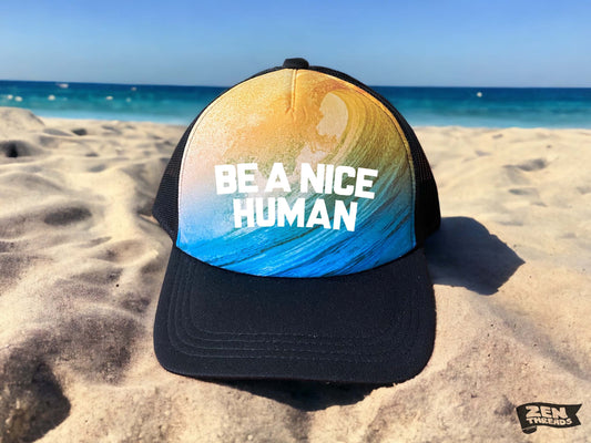Be a NICE HUMAN Wave Surf Trucker Hat ocean beach cap hat California gift kindness cap vacation coastal Ships Free