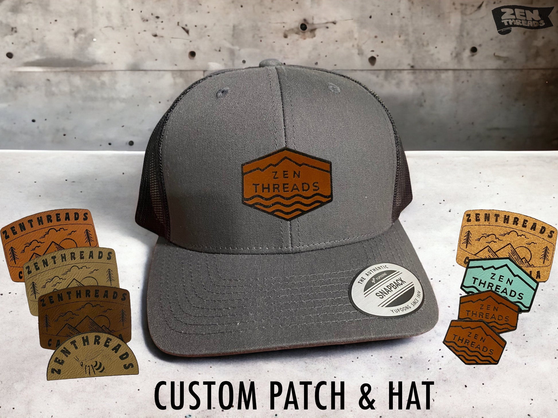 CUSTOM PATCH Classic Six Panel Trucker Logo Initials vegan Leather laser engraved customized personalized dad son hat business rivet tag hat
