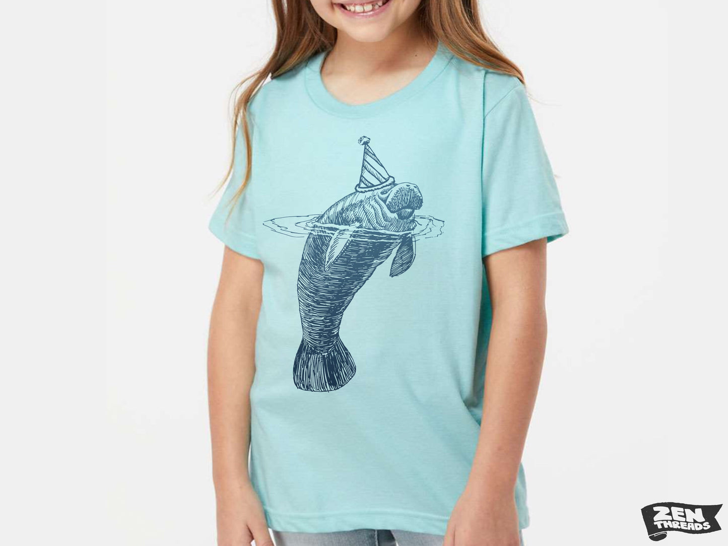 Kids MANATEE Party Hat Premium vintage soft Tee T-Shirt Fine Jersey T-Shirt +Colors youth toddler Florida sea cow whale mammal birthday top