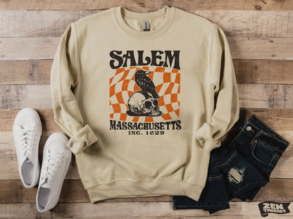 SALEM Massachusetts Sweatshirt crew neck unisex fit fleece mens women's travel New England witch trial vintage crow skull halloween gift
