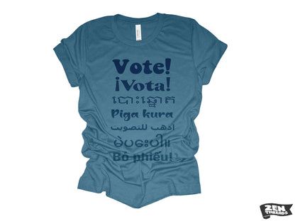 VOTE! !Vota unisex mens women's t shirt eco soft printed custom color Bella Canvas 3001 tee voting day empowerment different languages