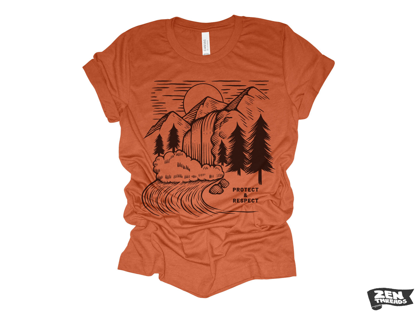 PROTECT & RESPECT Unisex mens women's T-Shirt custom color printed tee hiking camping travel national park forest landscape illustration