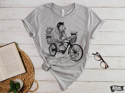 BOOK BEAR unisex mens women's t-shirt eco soft printed custom color Bella Canvas 3001CVC tee school teacher bookworm library bike bicycle