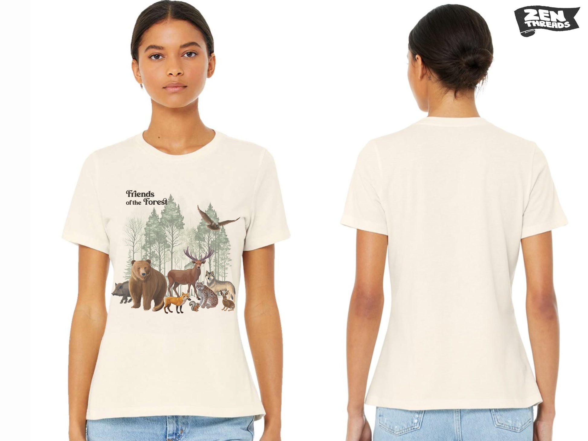 Womens Forest Friends Boyfriend Tee Landscape relaxed jersey T-shirt Zen Threads Bella Canvas custom hiking camping nature mountains gift