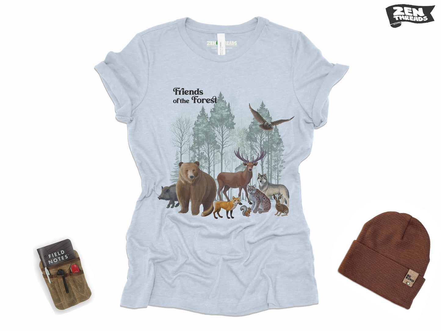 Womens Forest Friends Boyfriend Tee Landscape relaxed jersey T-shirt Zen Threads Bella Canvas custom hiking camping nature mountains gift