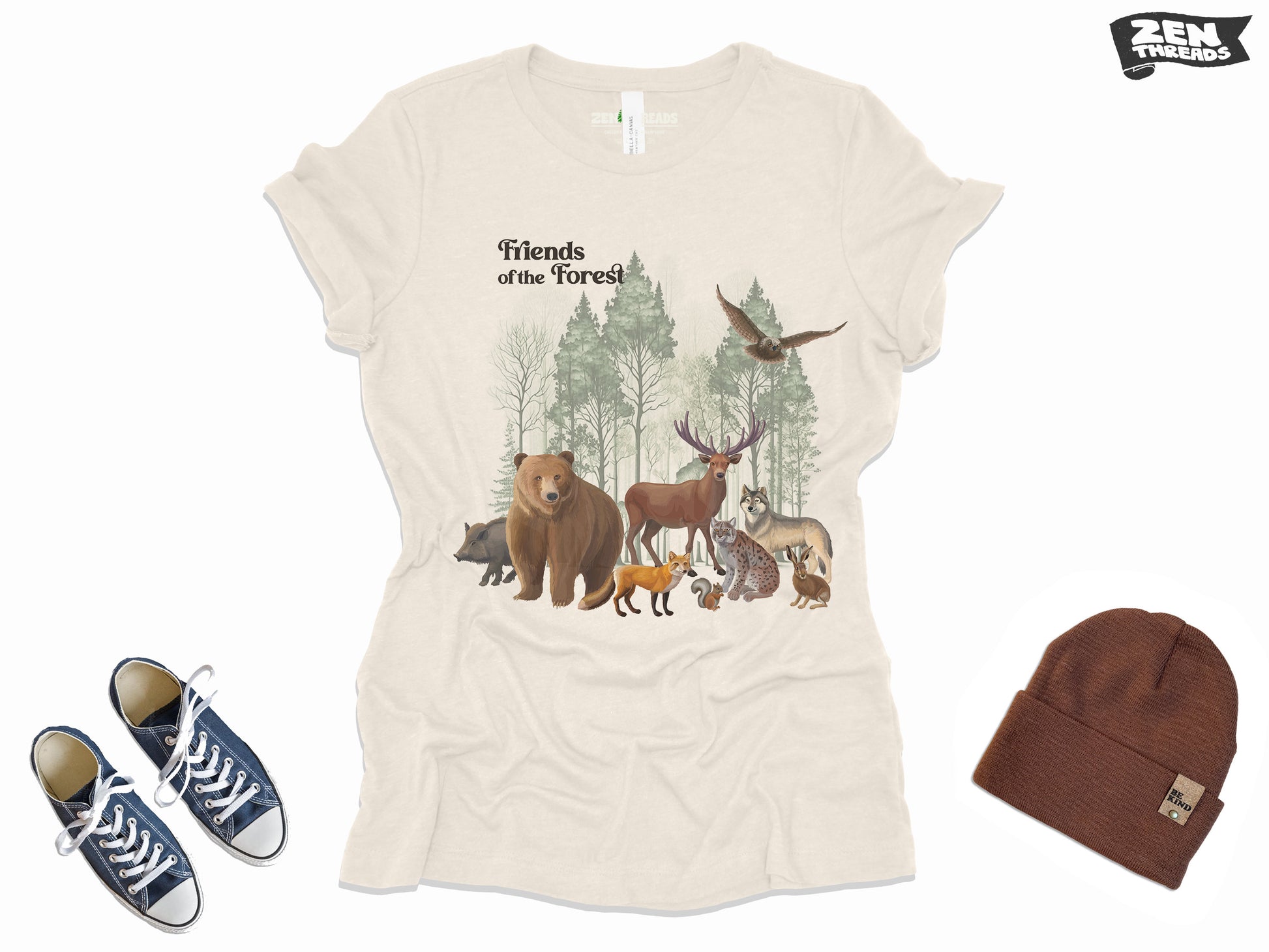 Womens Forest Friends Boyfriend Tee Landscape relaxed jersey T-shirt Zen Threads Bella Canvas custom hiking camping nature mountains gift