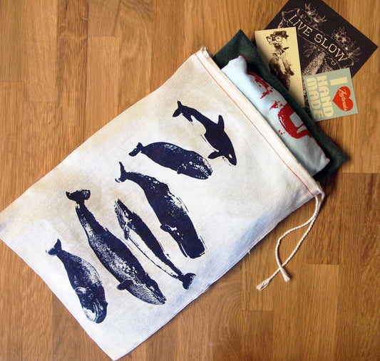 SET OF WHALES Gift Bags 8 x12" Collection - Cotton Eco Reusable Drawstring Cloth Eco Bag